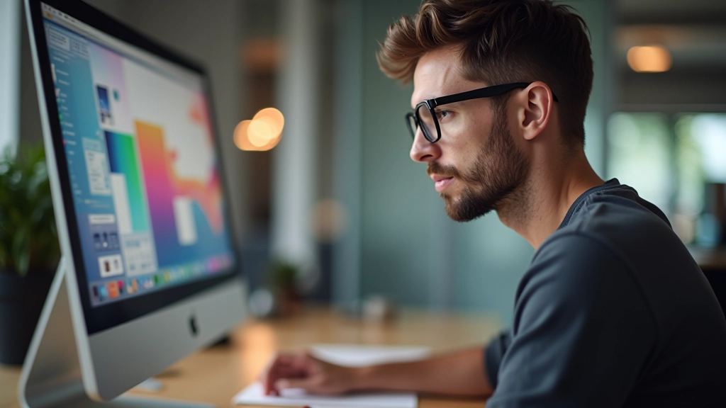 Designer analisando paleta de cores em monitor profissional com ferramentas de design abertas